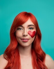 Fototapeta premium Generated image A woman with vibrant red hair and a heart shape painted on her cheek