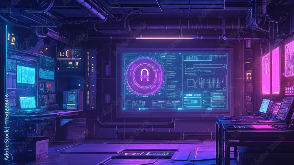 Poster neon-lit virtual interface with encryption keys and cyber security elements in a synthwave-inspired 