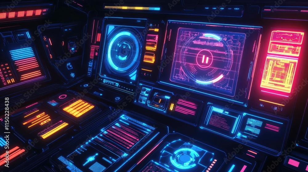 Poster neon-lit virtual interface with encryption keys and cyber security elements in a synthwave-inspired 