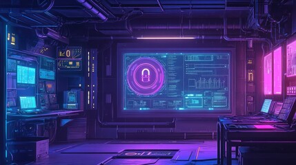 Neon-lit virtual interface with encryption keys and cyber security elements in a synthwave-inspired tech world.
