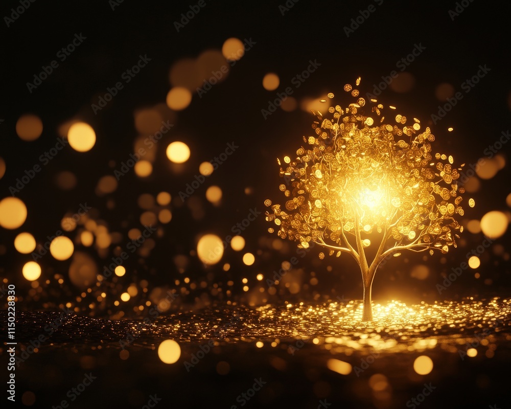 Poster a glowing tree surrounded by sparkling lights, creating a magical atmosphere of warmth and wonder.