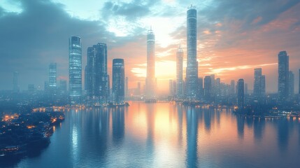 Obraz premium A futuristic city skyline at sunset reflecting on water.