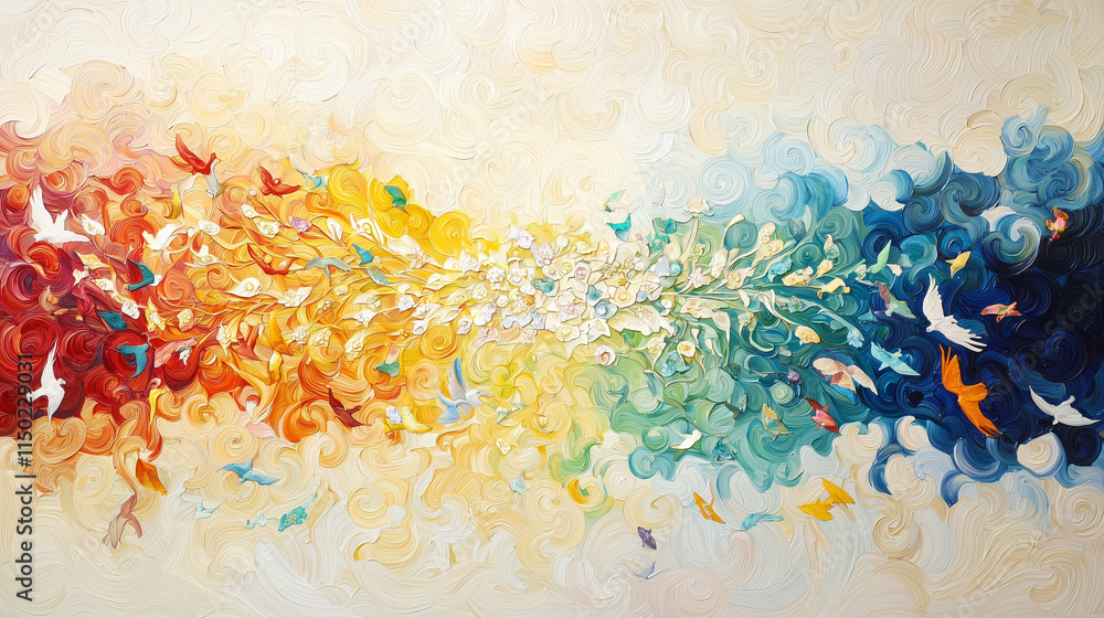 Poster chromatic flight: an explosion of color and movement, birds in a vibrant spectrum take flight, creat