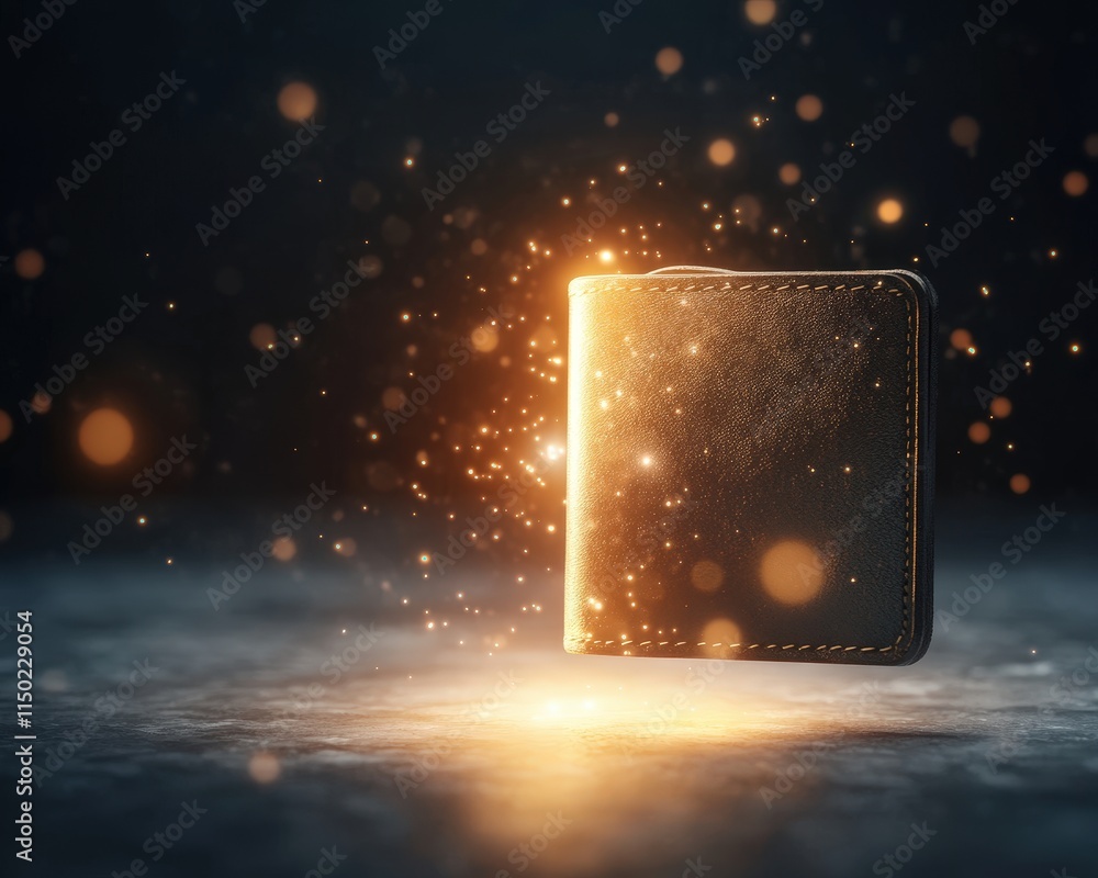 Aufkleber a glowing wallet surrounded by sparkling particles, set against a dark background, creating a magica