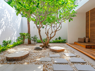 Obraz premium Tranquil garden with stone paths and lush greenery in a modern outdoor space