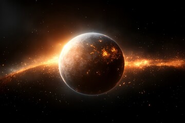 Fototapeta premium Stunning depiction of a distant planet surrounded by cosmic energy and vibrant colors in a dark universe