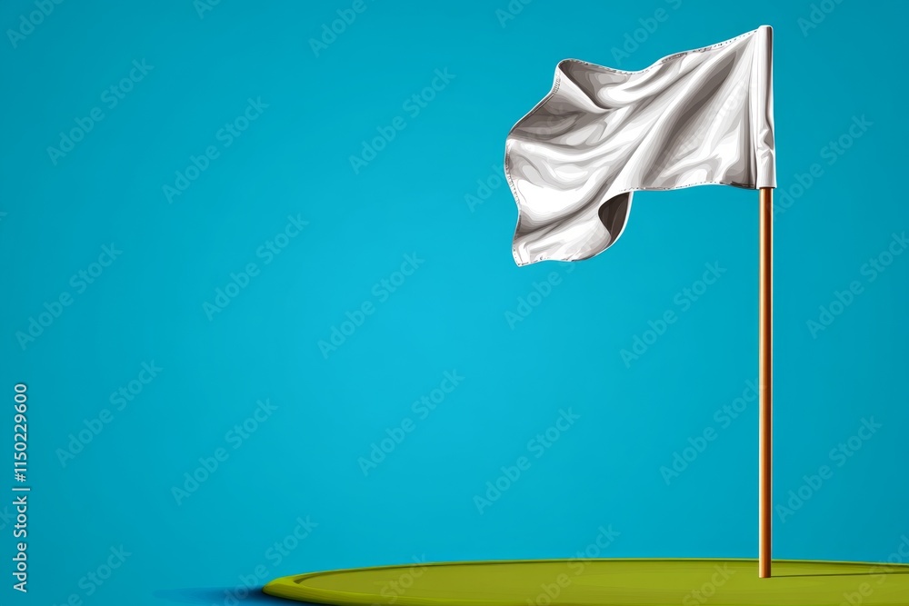 Poster a sleek vector illustration of a golf flag blowing in the wind on a simplified green, using bold geo