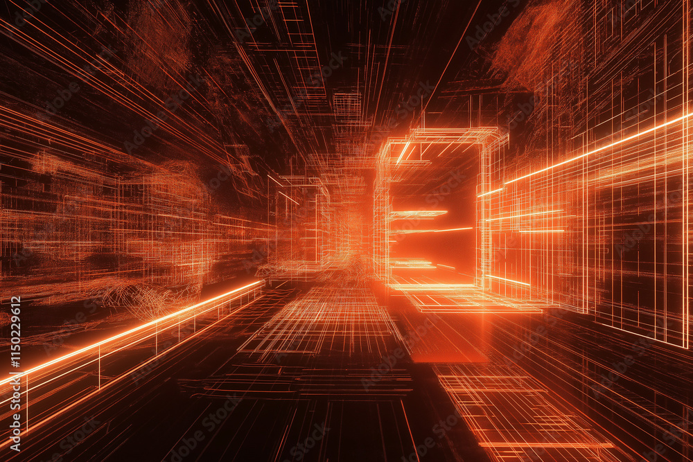 Poster futuristic concept of a digital cityscape with a perspective view rendered with glowing wireframe li
