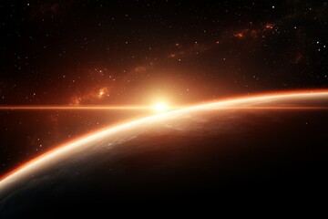 Sunrise over a distant planet with a vast starry background in a cosmic landscape