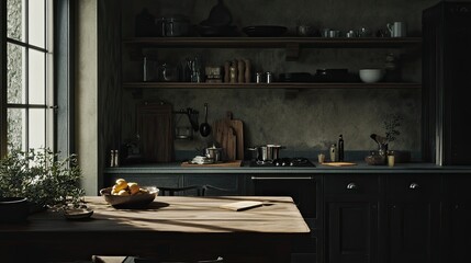 Rustic kitchen setting with a dark, dramatic color palette and a simple wooden table in soft lighting.