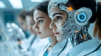 Fototapeta premium Medical Team Collaborating with Robotic Assistant During Diagnosis Abstract Digital Art Image