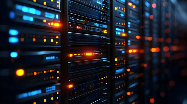 Bokeh Digital Art of Secure Server Racks with Copy Space for Data Protection Concept