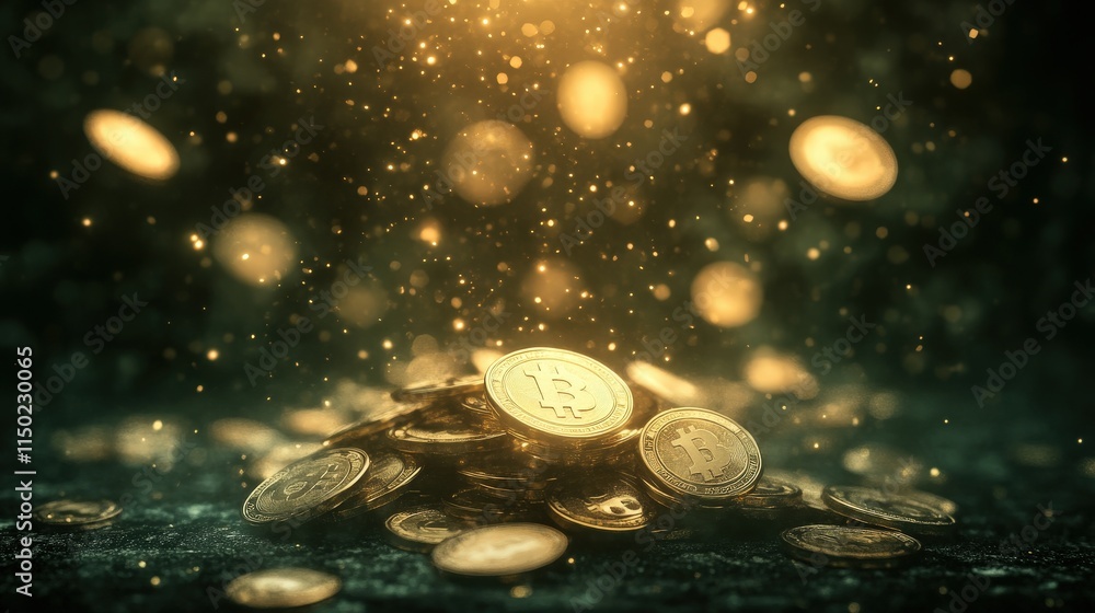 Poster a collection of shimmering coins stacked together, illuminated by soft golden light, creating a magi