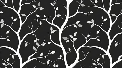 White Branches And Grey Leaves On Black Background