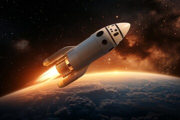Rocket launches into space with bright flames against the backdrop of Earth and a starry sky during a clear night