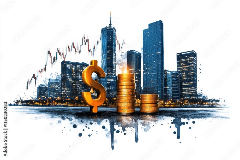 Poster a soft watercolor painting of a forex trading desk with charts glowing softly and currency symbols b