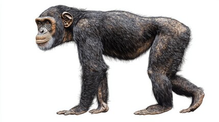 Fototapeta premium Side view clipart of a chimpanzee standing upright, featuring realistic proportions and isolated on white.