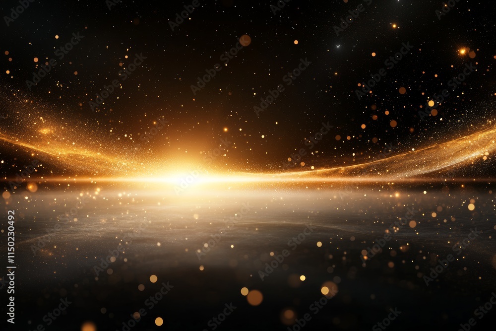 Poster golden cosmic swirl with sparkling particles and shining light at the horizon during a celestial eve