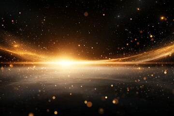 Obraz premium Golden cosmic swirl with sparkling particles and shining light at the horizon during a celestial event