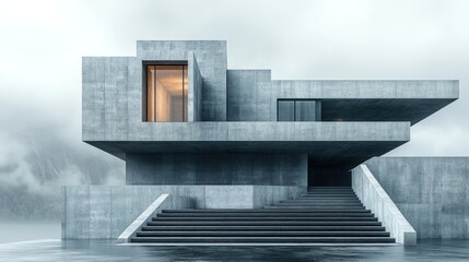 Modern concrete house, stairs, foggy mountains.