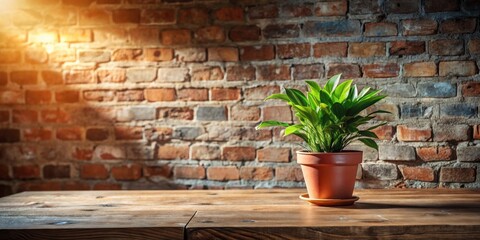 Rustic wooden table with potted plant against sunlit brick wall