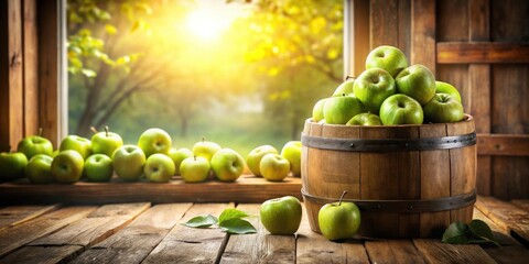 Rustic wooden barrel overflowing with fresh green apples, displayed on a weathered wooden surface near a sunlit window
