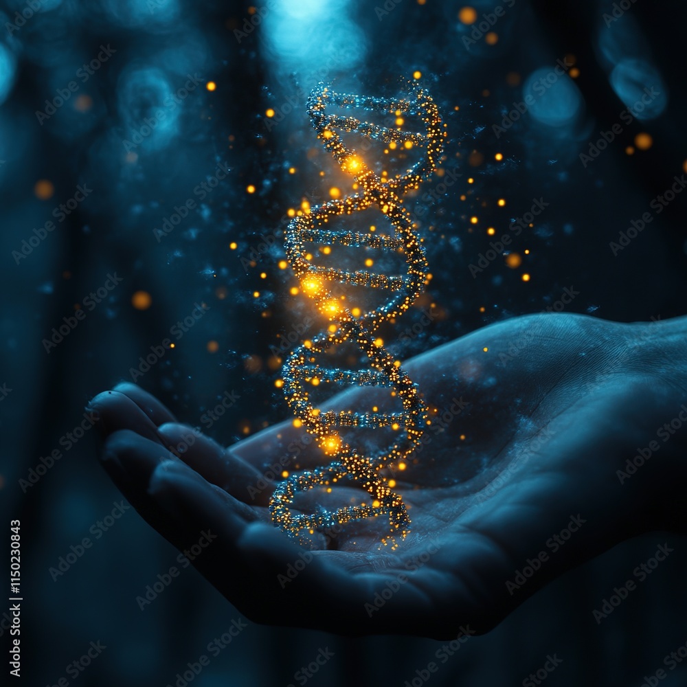 Poster captivating dna helix in hand laboratory setting digital art futuristic atmosphere close-up view sci