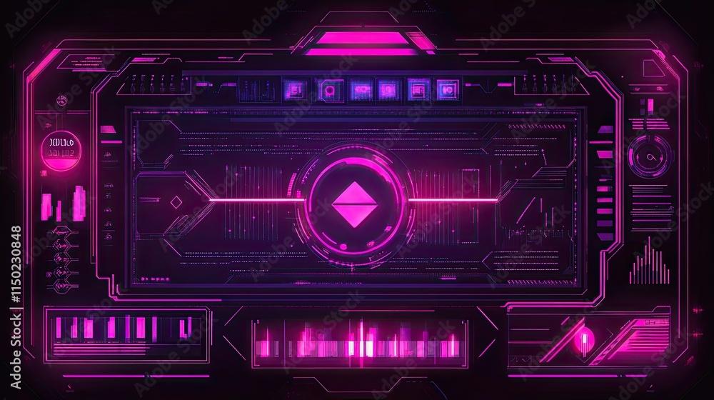Poster synthwave-style digital screen with neon encryption symbols and security codes, blending technology 