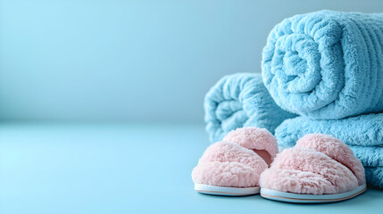 Neatly Folded Blankets and Slippers on Plain Pastel Background, Symbolizing Comfort in Elderly Care