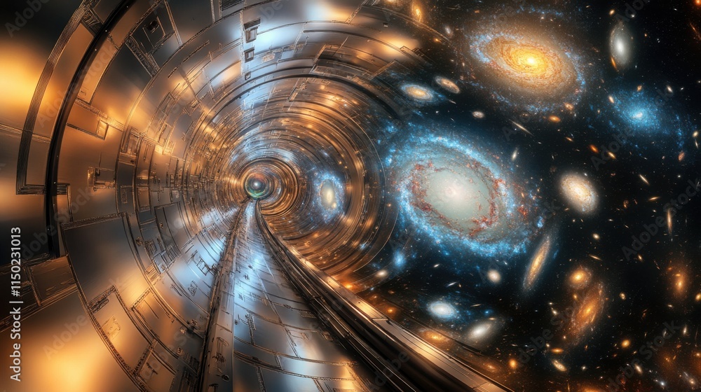 Poster futuristic space tunnel with glowing galaxies and a sense of depth, evoking a journey through time a