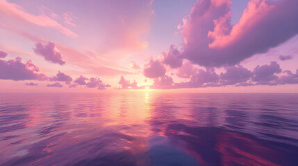 A tranquil ocean view under a sky filled with vivid magenta and violet clouds reflected perfectly on the water