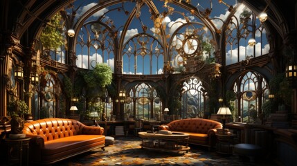 Ornate gothic room,  sunlit,  plants, leather sofas.
