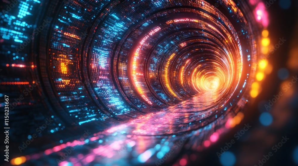 Poster abstract digital tunnel with glowing neon lights and data streams.