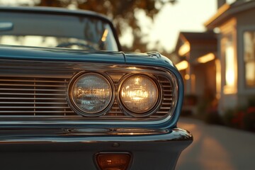 Classic car shines in warm evening light outside suburban home