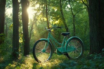 Obraz premium Vintage Green Bicycle in Sunlit Forest