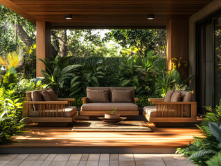 Fototapeta premium Cozy outdoor seating area surrounded by lush greenery in a tranquil garden setting