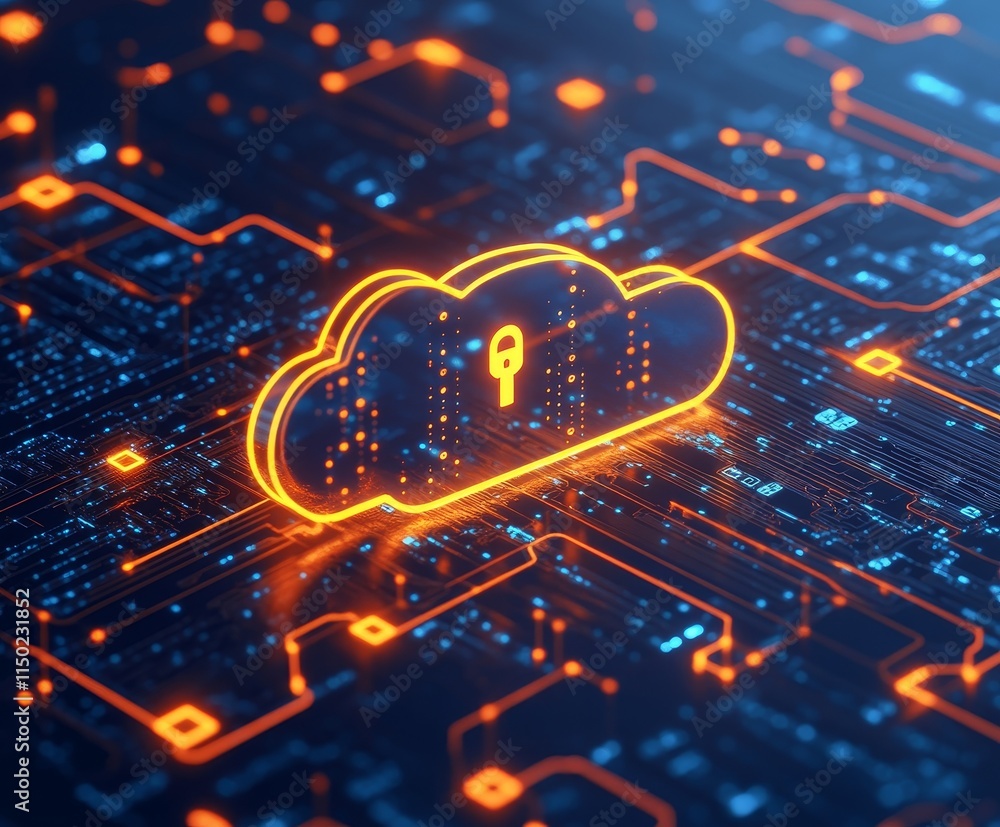 Poster digital cloud security with glowing lock symbol illustrating data protection and encryption on a cir