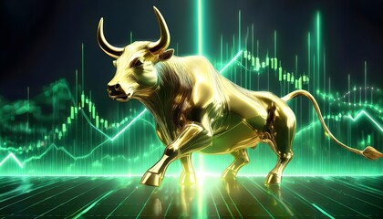 A majestic golden bull glowing with vibrant energy, emerging from a 3D stock market chart.