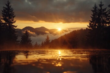 Stunning sunset over misty mountains with vibrant colors reflecting on a tranquil water surface