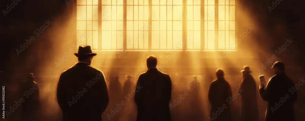 Poster silhouetted figures stand in a dimly lit space, illuminated by rays of light through large windows, 