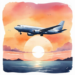 Airplane in flight at sunset over calm ocean water. Warm sunset colors and a peaceful mood.