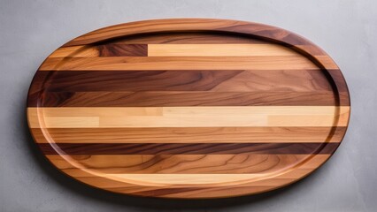 Obraz premium Minimalist oval wooden cutting board mockup with unique light and dark wood stripes
