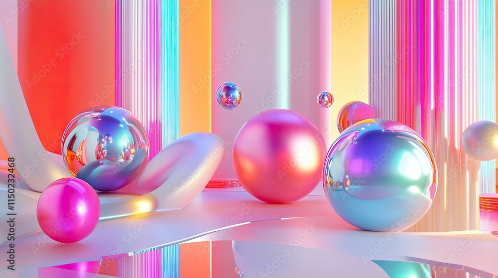 Poster vibrant 3d abstract composition featuring liquid metallic forms and bright reflective elements in a 