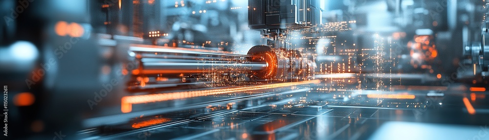 Poster machining process automation high-tech factory industrial imagery futuristic environment close-up vi