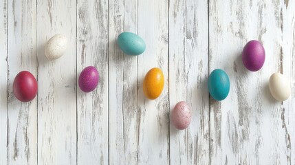 Obraz premium Vibrant Easter eggs resting on distressed white wooden planks, creating a festive yet rustic atmosphere. -