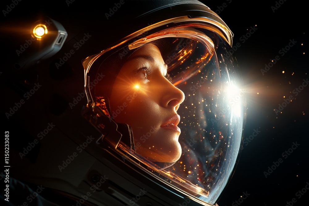 Poster cosmic exploration captured in a striking close-up of an astronaut's profile with a glowing helmet i