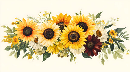 Obraz premium Exquisite arrangement of sunflowers and chrysanthemums layered with subtle vintage text patterns on a pale cream background