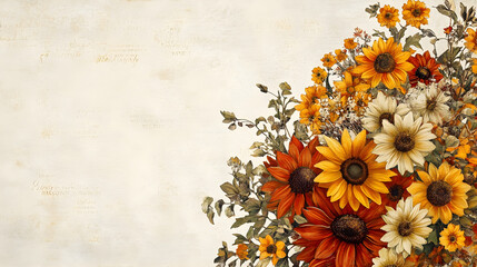 Exquisite arrangement of sunflowers and chrysanthemums layered with subtle vintage text patterns on a pale cream background