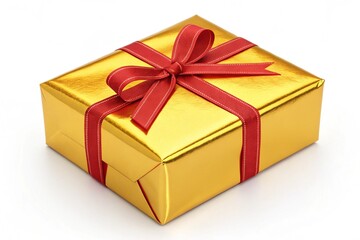 Obraz premium 3d gift box shining yellow gift box with ribbon, white background.
