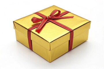 Obraz premium 3d gift box shining yellow gift box with ribbon, white background.